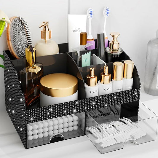 Bling Makeup Organizer with Drawers, Cosmetic Storage for Dresser Vanity and Bathroom Countertop, Beauty Holder for Lipstick Brush, Skincare Organizer for Vanity, Cosmetic Display Case Bling Black