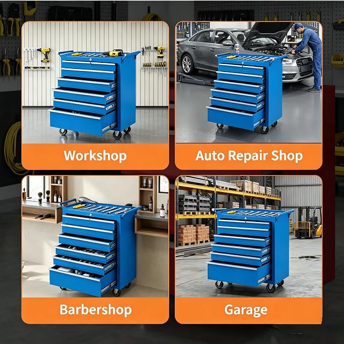 Garvee Rolling Tool Chest, 6 Drawers Tool Storage Cabinet, Toolbox with Wheels, Portable Tool Cabinet Organizer with Locking System & Drawer Liners, Tool Storage Cart for Garage, Workshop, Blue