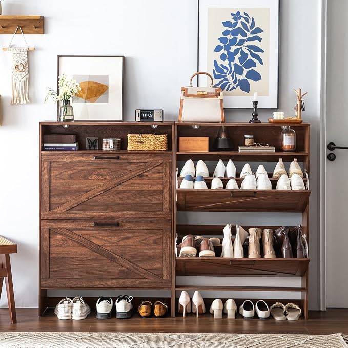 RWYHG Shoe Cabinet Storage for Entryway with 2 Flip Drawers | Open Storage Layer Rack Narrow Organizer Slim Hidden Wood Shoe Cabinet Furniture