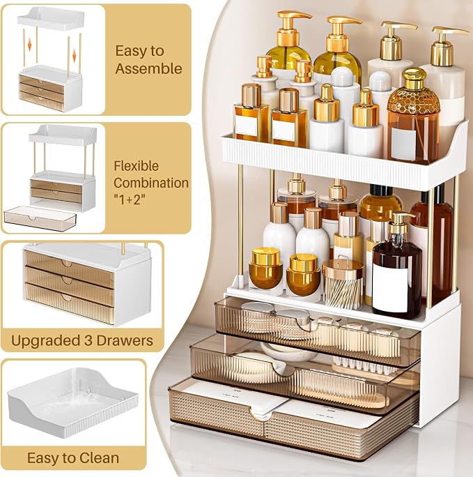 caktraie 3-Drawer 2-Tier Acrylic Makeup & Bathroom Vanity Organizer | Amber,3 smooth drawers, 2 open shelves, dustproof, wipe clean, for large skincare, perfumes, lipsticks, dresser, counter
