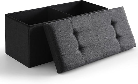 Storage Ottoman Bench Foldable Seat Footrest Shoe Bench End of Bed Storage with Flipping Lid, 75L Storage Space, 30 inches Linen Fabric Black