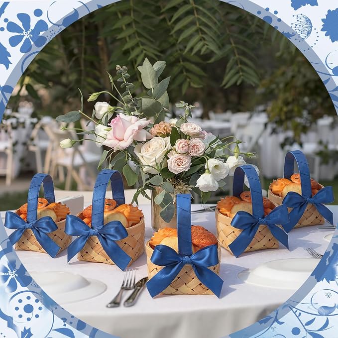 12 Pcs Mini Flower Girl Basket Mini Woven Baskets with Handles Wood Chip Flower Fruit Picnic Holder with Dark Blue Ribbon Chip Bucket for Wedding Party Gifts Baby Shower Birthday Decoration