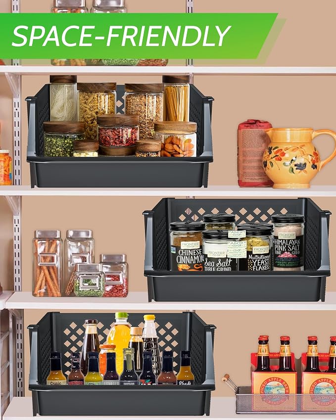 Large Stackable Storage Bins Open Front for Pantry Storage, 4 Pack - Black | Sturdy Plastic, Easy Stacking, Open Front Access, Ventilated Sides, Vertical & Space Saving Pantry Organizers and Storage Bin