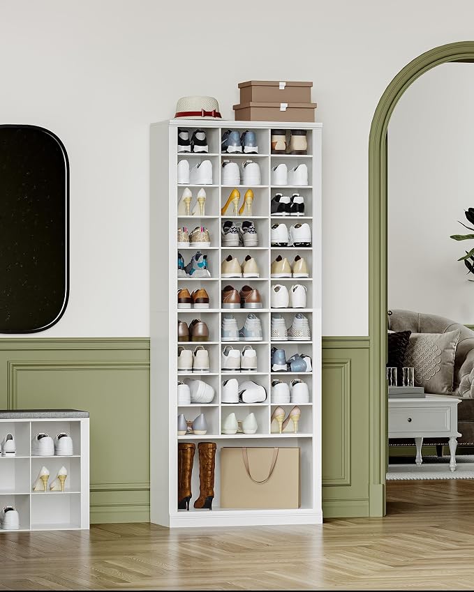 Hzuaneri 11 Tiers Shoe Storage Cabinet, Tall Shoes Cabinet with Cubby | Freestanding Wooden Shoe Organizer, 30-33 Pairs, Shoes Cubby Organizer for Entryway, Bedroom, White SR39303X