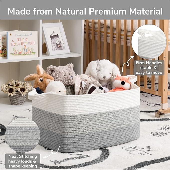 Goodpick Large Woven Rope Toy Basket, Rectangle Storaget, Light Gray | 21.6 x 14.9 x 11.8 in, Reinforced Handles, Living Room, Bedroom & Nursery Organization, Blankets, Pillows & Toys Storage