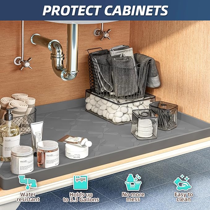 SIKADEER Waterproof Under Sink Mat Food-Grade Kitchen Shelf Liner 19" x 19" | Thick Raised Edge Cabinet Protector, BPA Free Kitchen Organizer and Storage, Non-Slip Dog & Cat Mat, Silicone Drying Mat