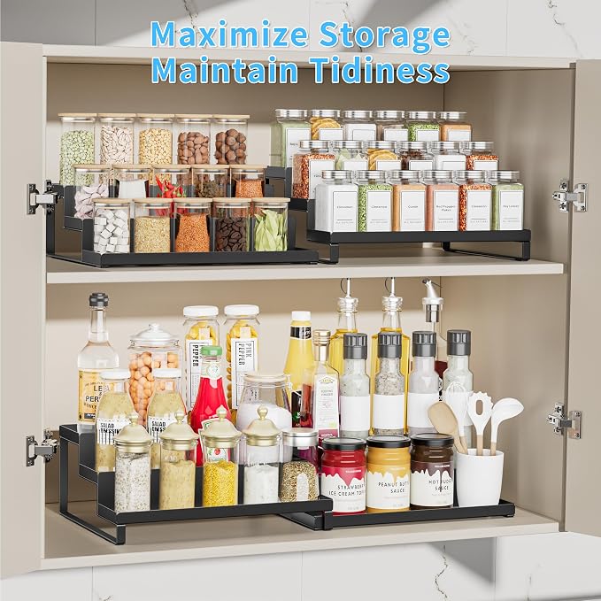 BOIVSHI Spice Rack Organizer for Cabinet, Spices Neatly Organized | Expandable Spice Rack, Metal Spicy Shelf, 3 Tier Seasoning Organizer for Cabinet, Countertop, Pantry, Black