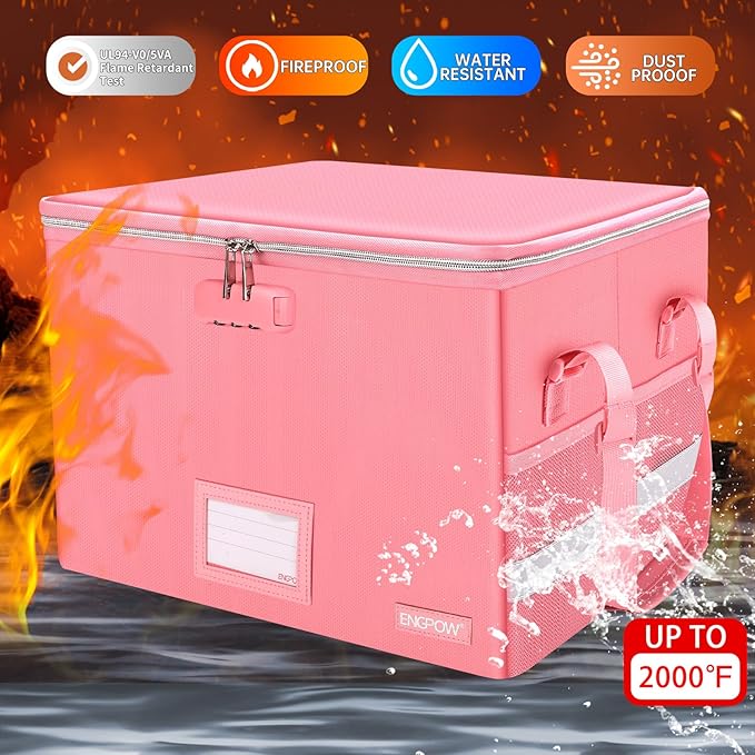 ENGPOW File Box with Lock, Fireproof Document Box with Zipper＆Pockets, Collapsible File Organizer Filing Storage Cabinet with Handle, Portable Home Office Safe for Hanging Letter/Legal Folder, Pink