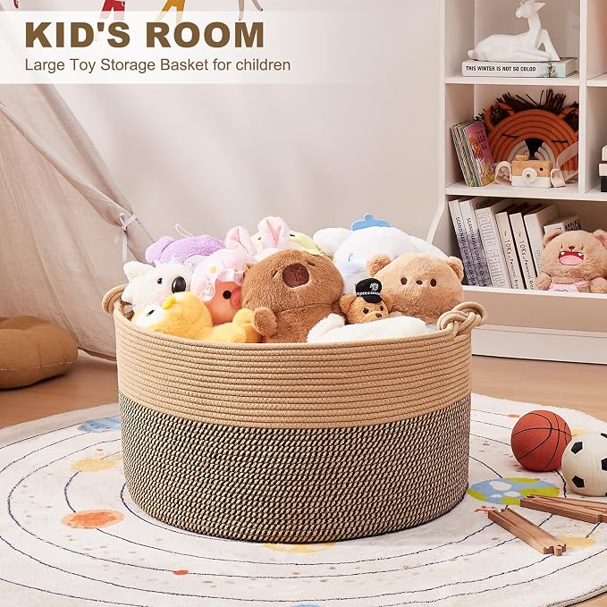 OIASKET Large Blanket Storage Basket for Living Room, 22.8" x 22.8" x 13" Woven Cotton Rope Basket with Handles, Baby Toy Storage, Laundry Hamper for Clothes, Pillows, Towels-Brown and Black