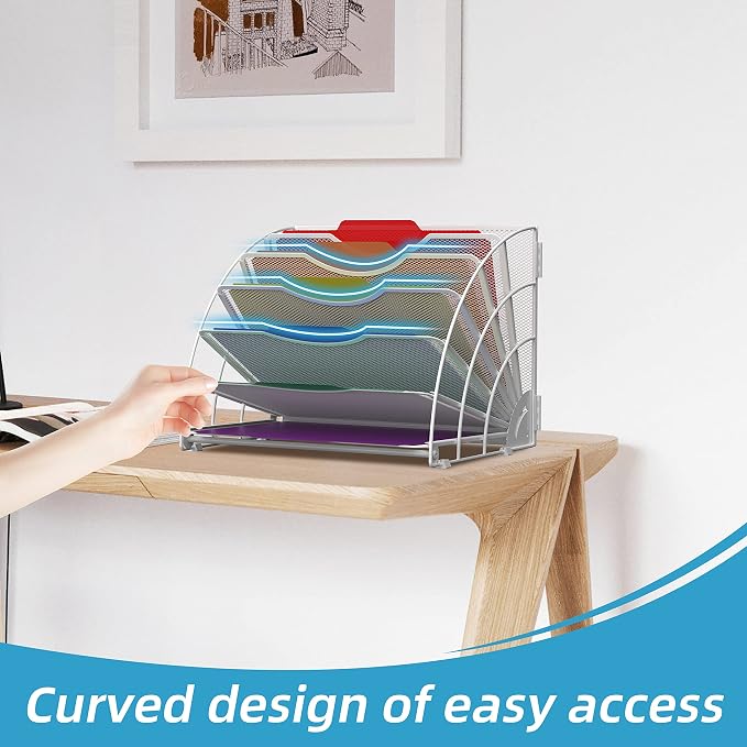 Fan Shaped Desk File Organizer, Paper File Holder for Desk, White | Metal mesh frame, tiered open design for easy access, organizes papers, folders and books for offices, schools and classrooms