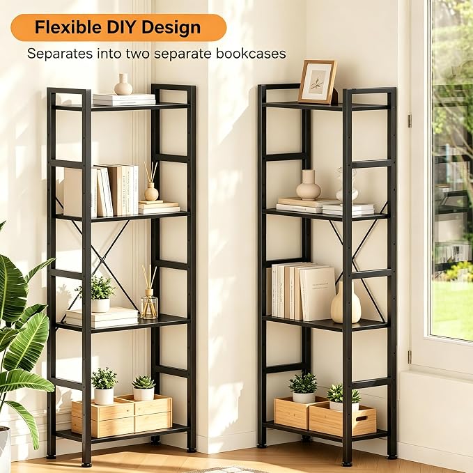HealSmart Triple Column 4 Tier Bookshelf, Industrial Bookcase with 11 Open Display Adjustable Shelves, Wide Convertible Display Modern Bookshelf for Living Room & Home Office, Black