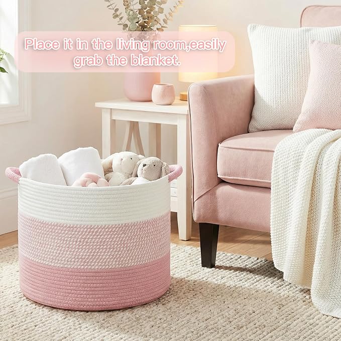 Artfeel 100L Large Cotton Rope Basket, Decorative Woven Blanket Storage for Living Room, Boho Toy Storage & Toy Box for Kids, Versatile Laundry Basket & Nursery Hamper for Blankets(Pink)