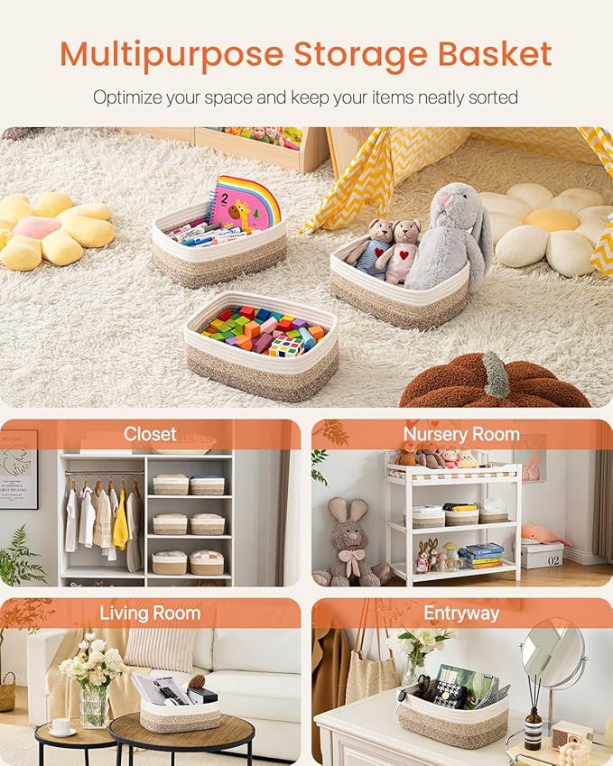 KALLAX Small Woven Storage Basket for Organizing, 13.5x9.5x5 inches, 3 Pack | Shelf baskets for closet organization, toy storage and home decor, Perfect as empty gift baskets for holidays, Gradient Brown