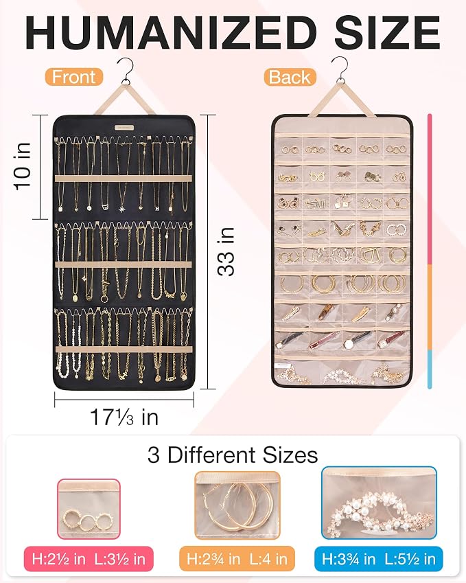 BAGSMART Hanging Jewelry Organizer Necklace/Earring/Ring 2-Sided XL Black | Jewelry Storage with Hanger Metal Hooks Double-Sided Jewelry Holder on Closet, Wall, Door
