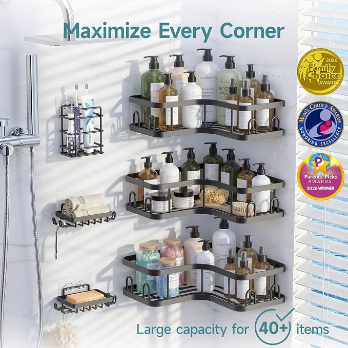 Veken Large Capacity Corner Shower Caddy 6-Pack, Advanced Rustproof Design | No Drilling Adhesive Shelves, High-Load Rack with Soap Dishes & Toothbrush holder, Bathroom Organizers and Storage, Black