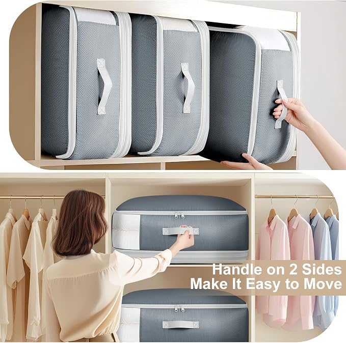 Comforter Storage Bag - 130L Large Capacity Blanket Storage Bags 4-Layer Ultra Space Saving Self Compression Organizer, Washable Compression Bags for Storage Comforter Blanket, 2-Pack, Grey