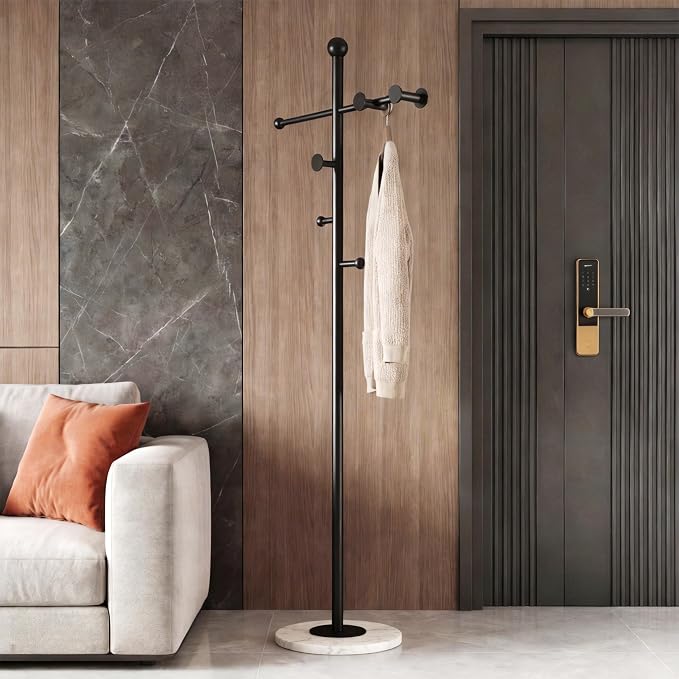 68.9 Inch Tall Modern Coat Rack,Black Coat Tree Freestanding,Heavy-Duty Metal Coat Rack Freestanding with Sturdy Marble Base for Entryway,Hallway,Bedroom,Holds Coats Hats Bags Scarves