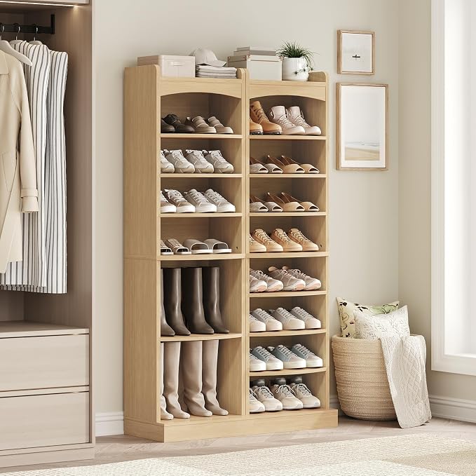 9-Tier Tall Shoe Rack, Wooden Shoe Storage Organizer, Narrow Shoe Cabinet with Removable Shelves for Small Spaces, Holds 18 Pairs of Shoes, for Entrance, Hallway, Natural SS22NL