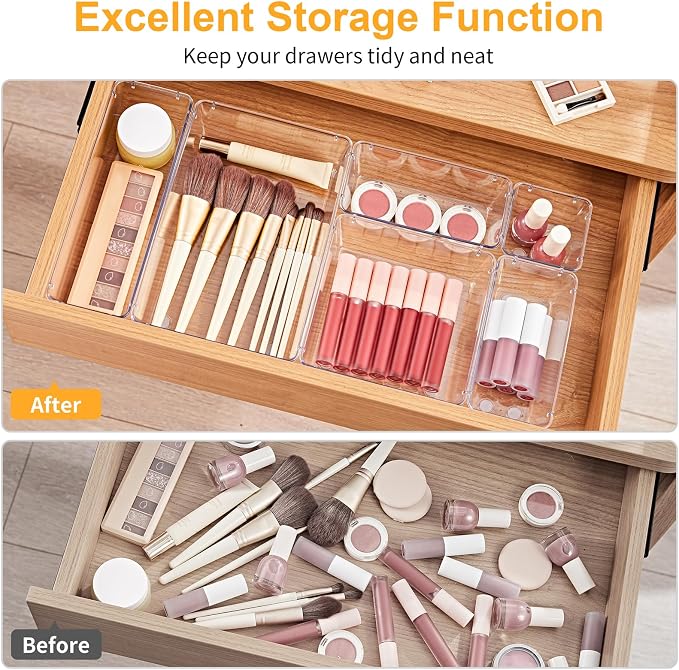 SMARTAKE 22-Piece Drawer Organizer with Non-Slip Silicone Pads, 5-Size | Clear Desk Bathroom Drawer Organizer Trays Storage Tray for Makeup, Jewelry, Utensils in Bedroom Dresser, Office and Kitchen