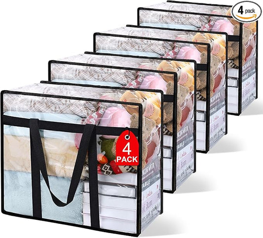 4Pack Clear Blanket Storage Bags Comforter Clothes Storage Moving Bag, 40L | Vinyl Material Reinforced Handle for Bedding, Clothing, Comforters, Pillows, Toys, Closet Organizers and Storage Containers