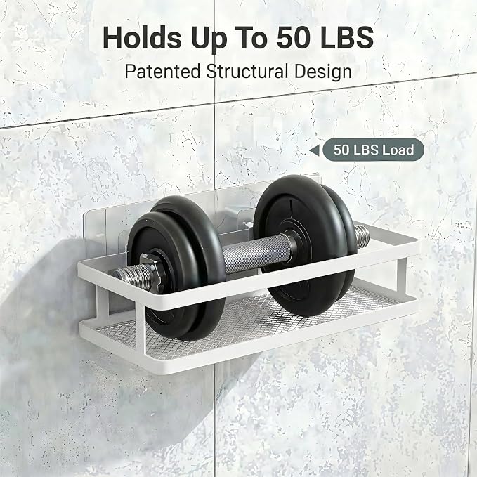 PUSDON 2-Pack Minimalist Shower Caddy Wall Mount, Open Frame Bathroom Shelf Organizer with Mesh Base, Rustproof Floating Spice Rack for Kitchen, Holds 50 LBS, 4 Hooks - White, Guardrail