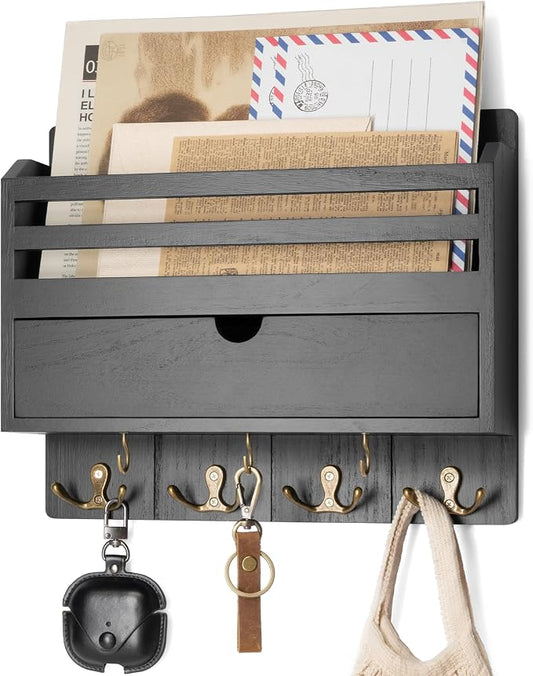 Rebee Vision Mail Organizer Wall Mount with 7 Key Hooks for Entryway, Black | Key and Mail Holder for Wall, Storage Drawer, Key Hanger, Mail Sorter, Home Decor, Hallway and Office, Entryway Organization