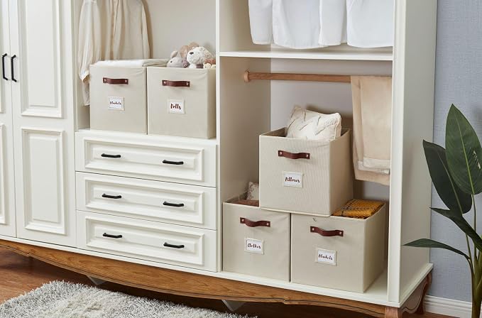 DECOMOMO Storage Bins, Cube Storage Bin with Labels | 10.5" x 11" Fabric Storage Cubes for Shelves (6pcs, Beige)