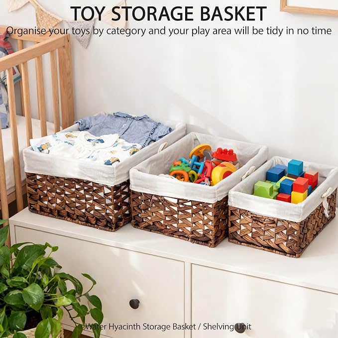 Water Hyacinth Storage Baskets Set of 3 with Metal Frame & Removable Liner, Large Medium Small Rectangular Woven Organizer Bins for Closet, Bedroom, Bathroom, Kitchen, Home Organization