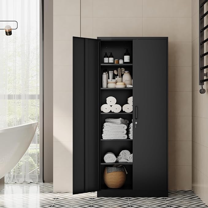 Fesbos Metal Storage Cabinet-72” Tall Steel File Cabinet with Lockable Doors and Adjustable Shelves-Black Steel Storage Cabinet for Home, School, Office, Garage