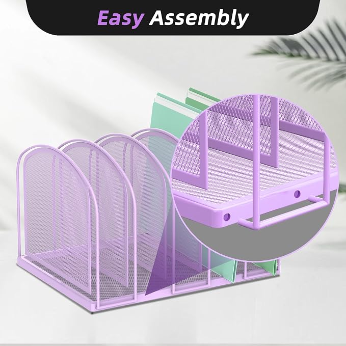 SUPEASY File Organizer 5-Section Mesh Desk Organizer, Upright File Organizer Desktop Organizer File Sorter, File Folder Holder for Office Supplies, Purple | 5 Vertical Compartments with Sturdy Metal Base for Office Documents Books Magazines and Laptop