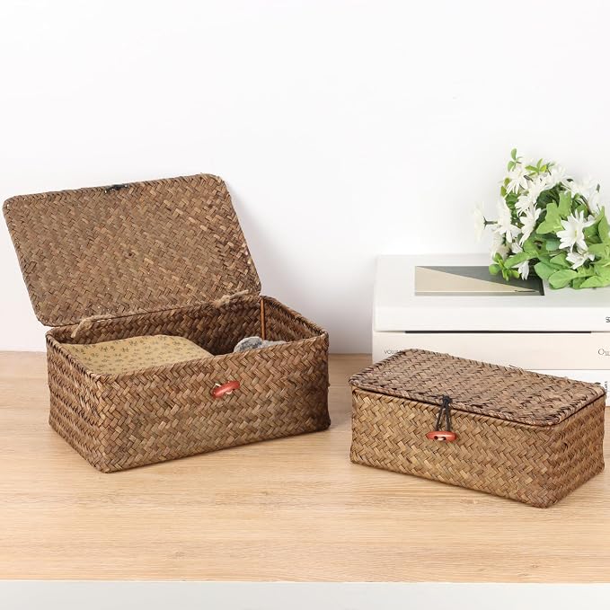 Moosky Wicker Shelf Baskets with Lid,Handwoven Seagrass Basket for Storage Basket Bins Rectangular Home Organizer Gift Boxes (Coffee Set of 2)