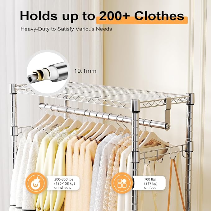M MZG Heavy Duty Rolling Garment Rack 3 Tiers Adjustable Wire Shelving Clothes Rack with 2 Rods and Side Hooks,Storage Closet Clothing Rack with Wheels Chrome 15.7" D x 29.5" W x 74.5" H