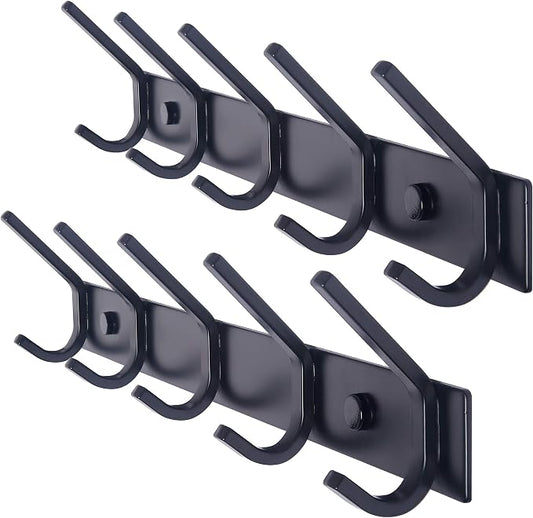 WEBI Coat Rack Wall Mounted,5 Coat Hooks for Hanging Coats,Heavy Duty Metal Double Hook Rack Hook Rail Coat Hanger Wall Mount for Clothes Entryway Jacket,Black,2 Packs