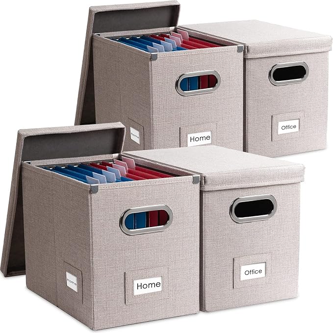 File Organizer Box - Set of 4 Collapsible Decorative Linen Filing Storage Hanging File Folders with Lids Office Cabinet Letter Size Light Grey (14x9.3x10.8 inch)