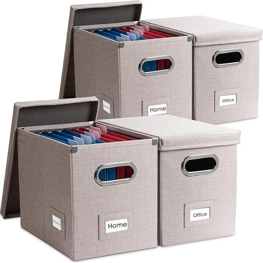 File Organizer Box - Set of 4 Collapsible Decorative Linen Filing Storage Hanging File Folders with Lids Office Cabinet Letter Size Light Grey (14x9.3x10.8 inch)