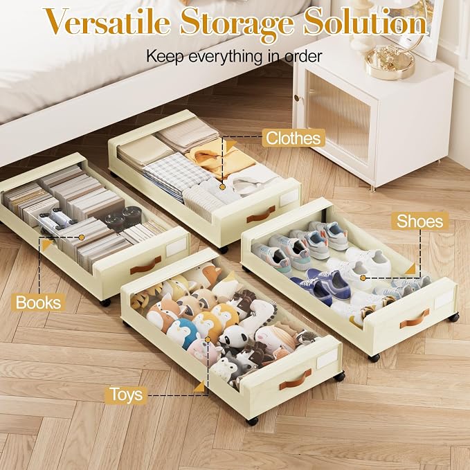 Yecaye Under Bed Storage with Wheels, 4 Pack Under the Bed Storage Containers with Lids & Label, XXL 60 L Rolling Underbed Storage Drawers for Clothes, Blankets, Shoes, Beige