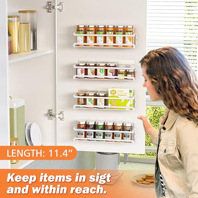 Bunoxea Spice Rack Wall Mounted 2 Pack, White,For Spice Jars & Seasonings | 2 Removalble Hooks,Screw or Adhesive Hanging, Space-Saving,For Kitchen Cabinet, Pantry Door,Stove,RV Use,11.41x2.75x2.75in