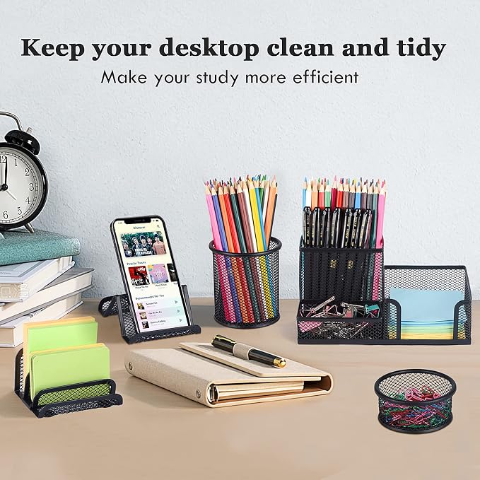Desk Organizers set with Mesh Pen Holder Cup, 3 Compartments Black Office Supply Organizer Paper Clips Holder for Office Desk Accessories (6 Piece set, Black)