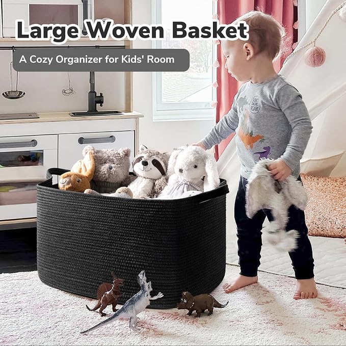 Goodpick Extra Large Cotton Rope Storage Basket with Handles, Black | 85L, 23.6 x 15.7 x 13.8 in, Rectangle, Living Room, Bedroom & Nursery Organization, Blankets, Pillows & Toys Storage