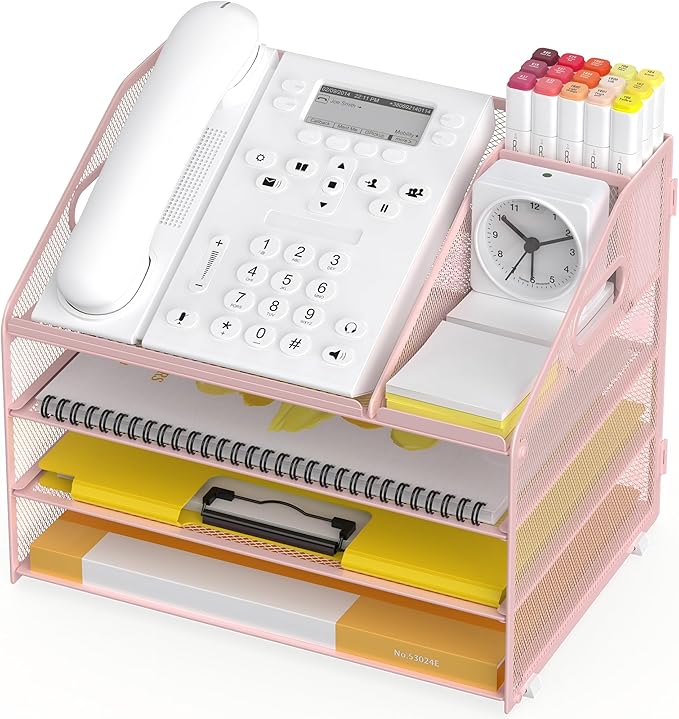 4 Tier Mesh Desk Organizer with Pen Holder and Handle Letter Tray | Metal desktop document shelf and paper sorter. Premium mesh workspace storage for office, home, and classroom