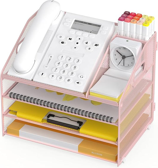 4 Tier Mesh Desk Organizer with Pen Holder and Handle Letter Tray | Metal desktop document shelf and paper sorter. Premium mesh workspace storage for office, home, and classroom