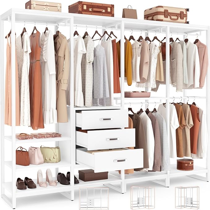 Aheaplus Wood Clothes Rack Wardrobe Closets for Hanging Clothes Heavy Duty Garment Rack, Large Corner L Shaped Closet System Organizer Walk-in Closet for Bedroom with 3 Wood Drawers, Pure White