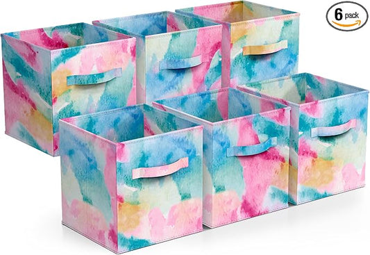 Sorbus Fabric Storage Cubes - 6 Foldable Tie Dye Storage Bins for Organizing Cubbies, Toy Box - Clothes Storage & Closet Organizer - 11 Inch Collapsible Cube Baskets for Shelves with Handle (Tie Dye)