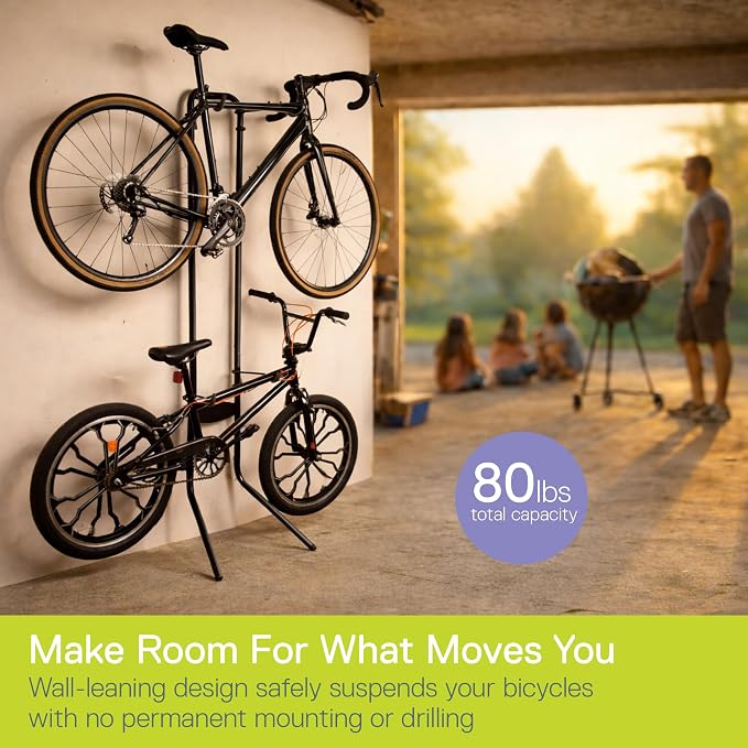 Delta Cycle Michelangelo 2 Bike Storage Rack Black - Gravity Fully Adjustable Bike Storage Garage For Road, MTB, and Hybrid Bicycles - Vertical Bike Rack Holds Up To 80 lbs