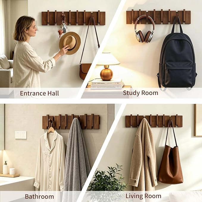 QUELLANCE Wood Coat Rack Wall Mount, Coat Hooks Hanger Wall Mounted, Heavy Duty Wall Coat Rack with 8 Hooks for Hanging Coats/Keys/Hats/Robe&Towels/Plants/Bags, Walnut
