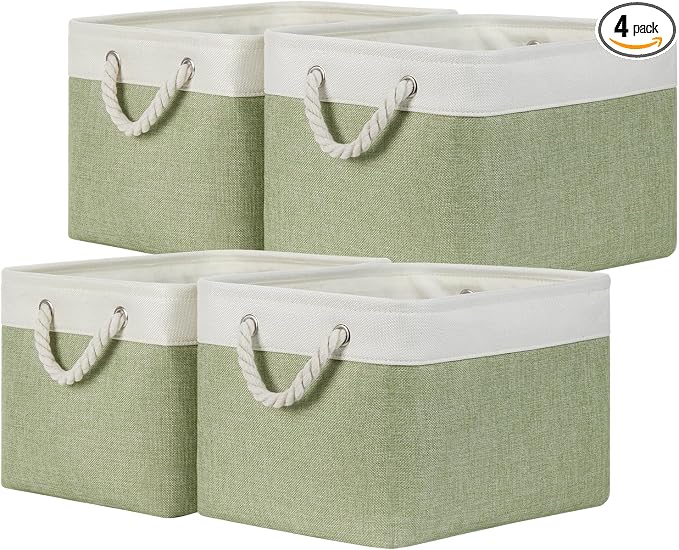 Temary Fabric Storage Baskets 4Pack Storage Bins Decorative Basket for Gift, Clothes Bin with Handles, Rectangle Baskets for Storage, Blankets(White&Green,15x11x9.5 inch)