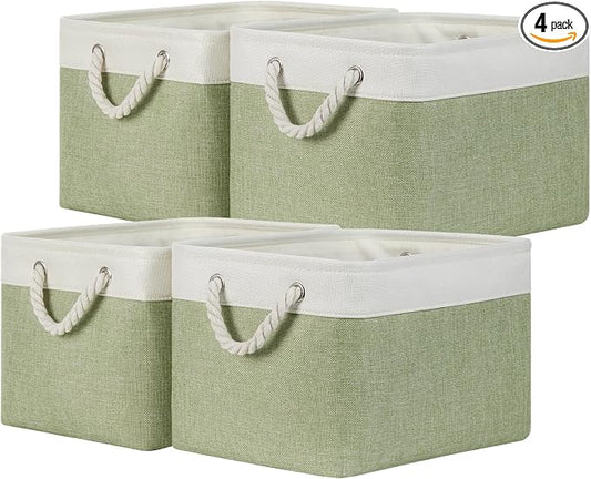 Temary Fabric Storage Baskets 4Pack Storage Bins Decorative Basket for Gift, Clothes Bin with Handles, Rectangle Baskets for Storage, Blankets(White&Green,15x11x9.5 inch)