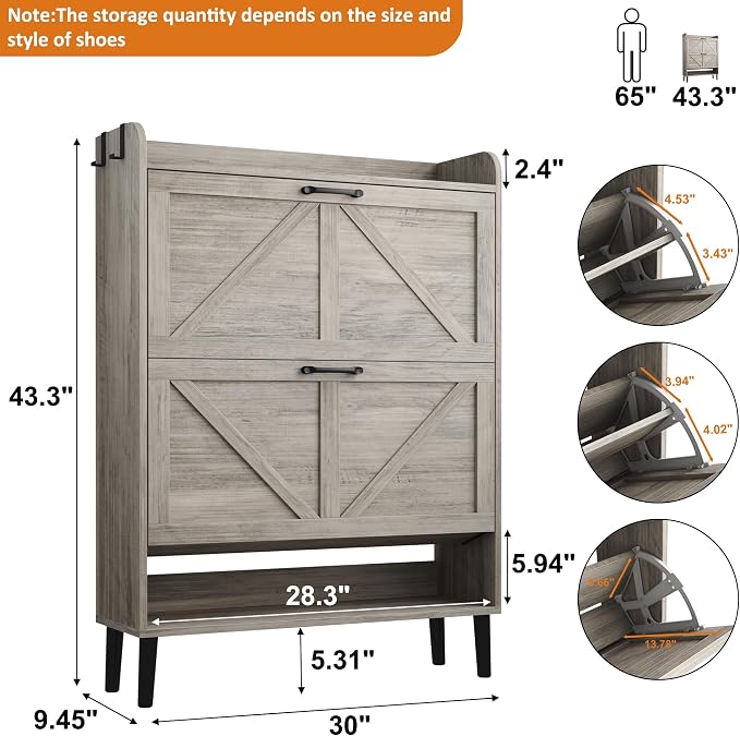 HOMEFORT Shoe Storage Cabinet for Entryway, 30" Freestanding Organizer with Two Flip Drawers, Narrow Hidden Shoe Rack with Wood Legs, Farmhouse Shoe Cabinet for Front Door Entrance,Washed Gray