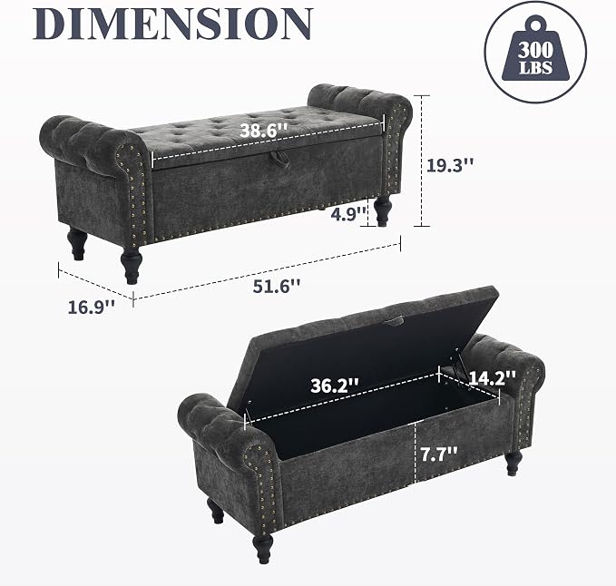 51" Storage Bench for Bedroom, Upholstered Ottoman Bench, Chenille DarkGray | End of Bed Bench for Bedroom, Window Benches for Living Room, Entryway, Ottoman with Large Storage Space, Pet Friendly