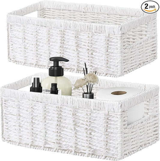 Wicker Storage Basket, Set of 2 Hand-Woven Paper Rope Wicker Baskets for Organizing Decor Storage Bins for Counter Shelves Pantry Basket Small Toilet Paper Basket for Toilet Tank Top, White